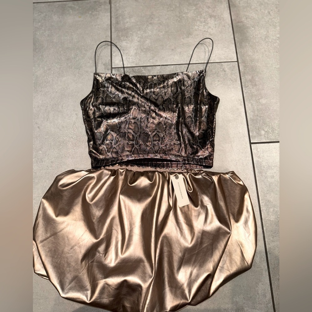 Anthropologie 4SI3NNA versatile Bronze Satin Smocked Top/Skirt size small